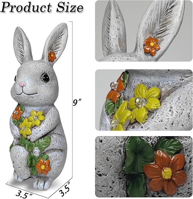 Solar Easter Rabbit Statue - Rock-Like Design with Flower Lamp Beads Woman Gifts Resin Easter Bunny Sculpture for Indoor and Outdoor Statue Decor, Garden Decoration