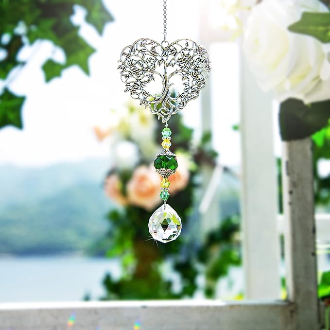 H&D HYALINE & DORA Tree of Life Crystal Suncatchers Crystal Drop Prism Rainbow Maker Hanging for Home Garden Decoration, Heart Shaped