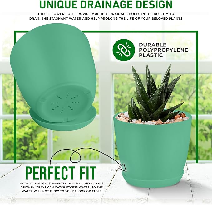 Planter Pots with Drainage Holes - Lightweight, Durable, & Space-Saving Pots for Indoor and Outdoor - Versatile Functionality, Simple Modern Design, Set of 20 Plastic Planter Pots Mint