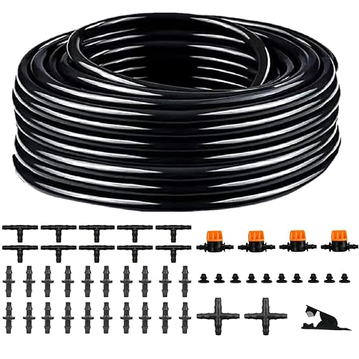 1/4 Drip Irrigation Tubing, 100FT 1/4 Irrigation Hose, Black Polyethylene 1/4 Inch Drip Irrigation Tubing with Drip Irrigation Fittings, DIY Garden Water-Saving Irrigation System.(02, 100FT)