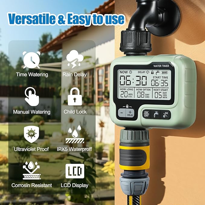 CROSOFMI Watering Timer,Sprinkler Timer Programmable Garden Outdoor Hose Faucet Timer with Rain Delay/Manual/Automatic Watering System,Waterproof Digital Irrigation Timer System for Lawns,1 Outlet