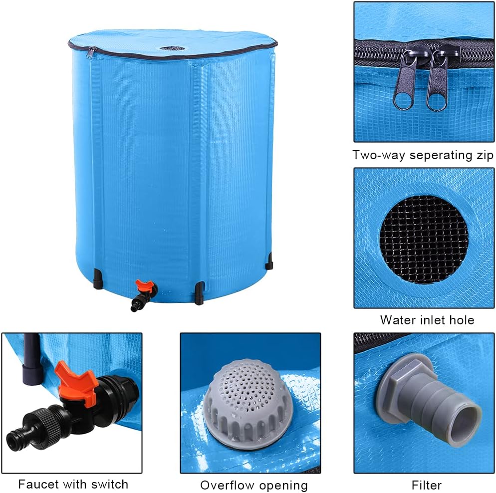 Collapsible Rain Barrel, 50 Gallon Portable Rainwater Collection System, Water Storage Tank, Rain Catcher Barrel with Spigots and Overflow Kit, Rain Water Barrel Collector for Garden, Blue