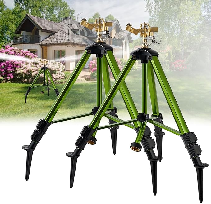 2 Pack Tripod Sprinklers for Yard,Nalupatio Impact Sprinkler on Tripod Base,Heavy Duty Brass Sprinklers,270 Degree Large Area Irrigation,3/4 Inch Connector Sprinkler with Legs Flip Locks for Lawn/Yard