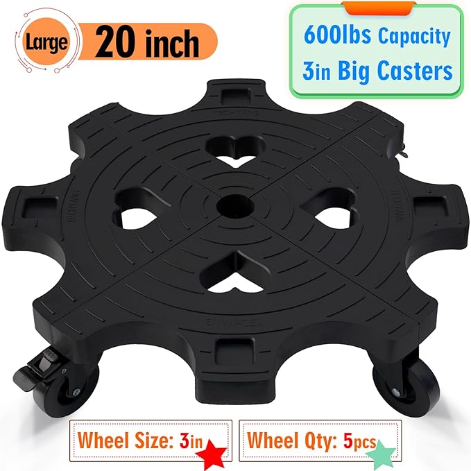 20" Plant Caddy with Wheels 600lbs Heavy Duty Outdoor,Indoor Rolling Plant Stand with 3in Casters Black Plant Dolly Large Potted Planter Cart for Big Flowerpots Plants Pots Garden Pot Mover