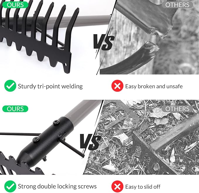 Walensee 5.4FT Bow Rake Heavy Duty Garden Rake with Stainless Steel Handle, 17 Steel Tines Metal Head Rake Tool for Loosening Soil Gathering Leaf Leveling Lawn Farming Land Management Yarn Thatch Rake