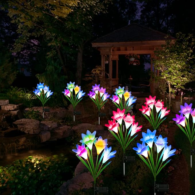 Solar Flowers - 5 Pack Lily Lights, 20 Flowers Lilies Outdoor Waterproof, Color Changing Garden Lights for Lawn, Yard Decoration