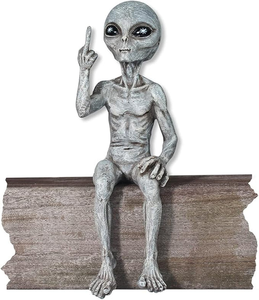 Rude Alien Statue “Flipping The Bird” 10″ H Shelf Sitter Extraterrestrial Figurine Funny Home or Garden Decoration (Alien Gray)