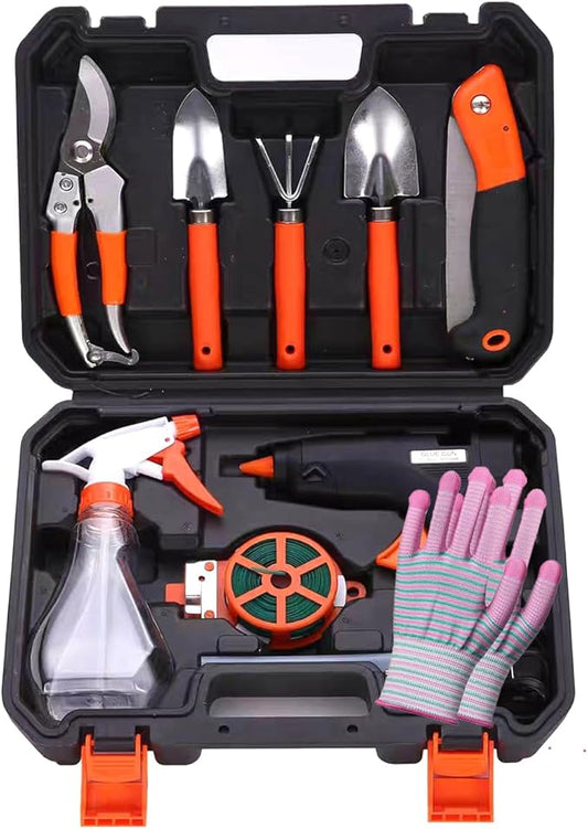 10 Pieces Gardening Tools Set, Ergonomic Handle Sprayer,Pruner,Rake,Shovel,Folding Saw,Glove,Outdoor Garden Tools with Carrying Suitcase,Ideal Garden Tool Gifts for Women