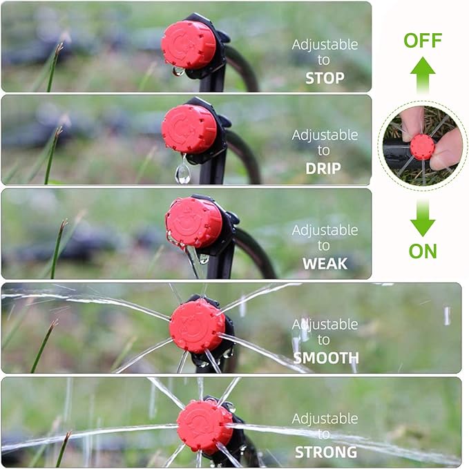 Kalolary 200Pcs Adjustable Irrigation Drippers, 1/4 Inch Barbed Drip Emitter 360 Degree Watering Sprinklers Anti-Clogging Drippers for 4mm/7mm Garden Watering System（Red）