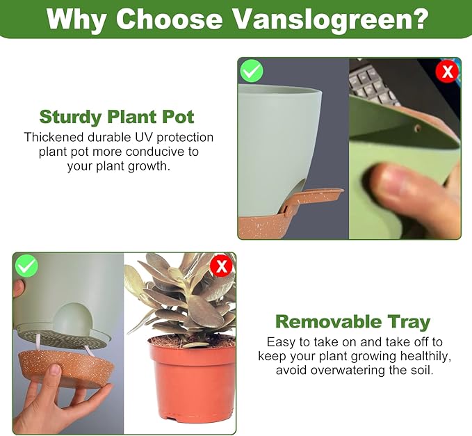 Planters for Indoor Plants, 8/7/6.5/6/5.5/5 Inch Self Watering Planters with Drainage Hole, Plastic Planters Flower Pots for Indoor Outdoor Plants (Green)