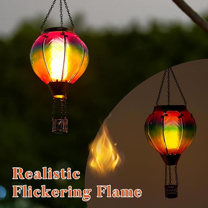 Solar Hot Air Balloon Lantern with Flame, Hanging Glass Hot Air Balloon Solar Lantern Waterproof, Decorative Outdoor Hot Air Balloon Solar Light for Outside Garden Patio (Purple Gradient)
