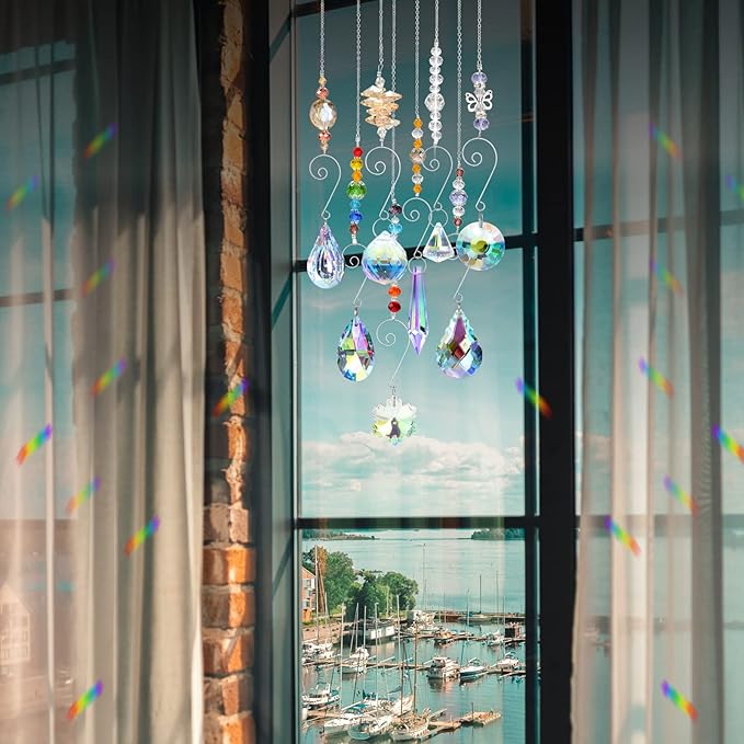 Crystal Suncatchers, RIFNY Hanging Crystals Ornament Sun Catcher with Chain, 9 Pack Glass Beads Ball Prisms Pendant Rainbow Maker for Window Home Office Garden Decoration