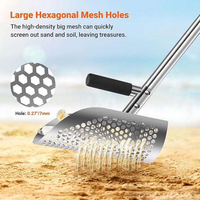 Long Handle Sand Scoop with Shovel for Metal Detecting, Metal Detector at Beach,Heavy Duty Stainless Steel Metal Detecting Tool,Treasure Finds Scoop, Digging Shovel Fast Sifting Shovel