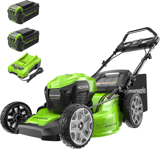 Greenworks 40V 21" Brushless Cordless (Smart Pace / Self-Propelled) Lawn Mower (75+ Compatible Tools), (2) 4.0Ah Batteries and Charger Included