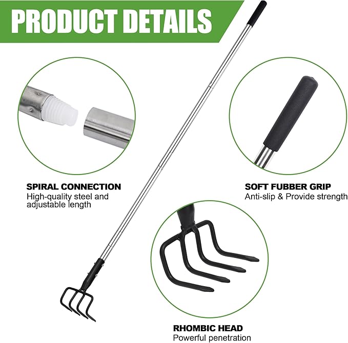 Long Hand Cultivator, Carbon Steel & Stainless Steel Tiller Cultivator, Garden Cultivator with Telescopic Handle and Soft Handle Cover, Hand Tiller for Digging Loosening Weeding