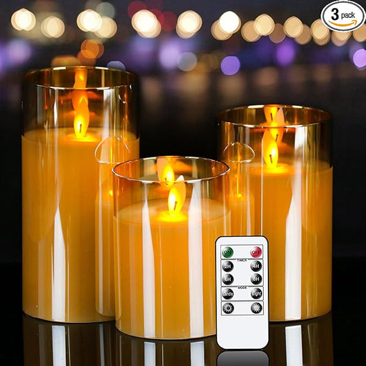 Glass Flickering Flameless Candles with Remote Timer, LED Pillar Candles Battery Operated with 3D Realistic Wick, Real Wax Fake Candles Home Decor for Wedding Festival Party(Gold)