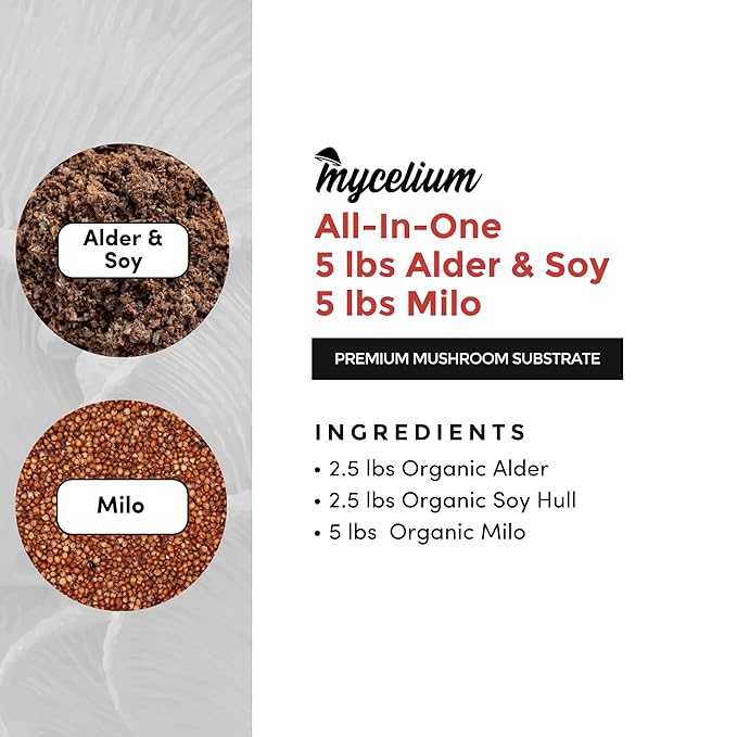 Mycelium Gourmet Mushroom All-in-One Bag - Premium Organic 10LB Blend of Alder & Soy Hull Substrate with Sterilized Milo Grain - Perfect for Variety of Wood-Loving Mushrooms - Home Growing Made Easy
