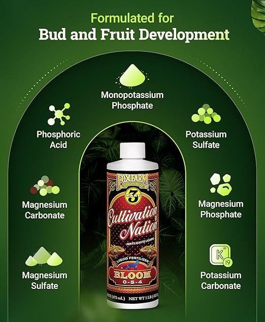 FoxFarm Cultivation Nation Bloom Fertilizer - Enhanced Bud & Fruit Development, Ideal for Soil, Soilless Media, Hydroponics & Aeroponics - Part 3 of 3-Part Feeding Program- NPK 0-5-4 (Pint)