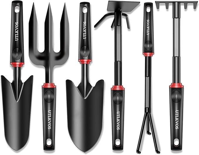 Gardening Tools Set, 6 Pieces Heavy Duty Rust-Proof Gardening Tool Kit, Ergonomic Soft Rubber Handles, Includes Trowels, Rakes, Weeding Tool, and Hand Fork for Digging, Planting, Weeding