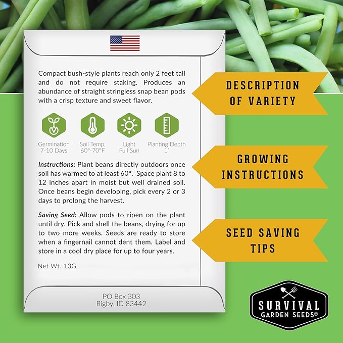 Survival Garden Seeds - Blue Lake Bush Bean Seed for Planting - 5 Packets with Instructions to Plant & Grow Green Stringless Snap Beans in Your Home Vegetable Garden - Non-GMO Heirloom Variety