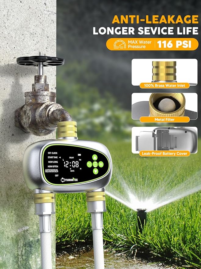 2 Zone Sprinkler Timer with Brass Inlet and Outlet - Water Timer for Garden Hose with Rain Delay/Manual Watering/Automatic Drip Irrigation Controller System for Garden Watering