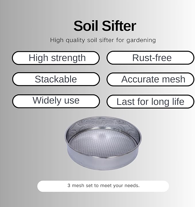 Soil Sifter Stainless Steel Set with 3 Sieve Mesh for Garden