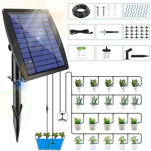 Solar Drip Irrigation Kit Accessories, 32.8FT Solar Powered Auto Easy DIY Irrigation System Expansion Kit with Anti-Siphoning Device for Balcony Patio & Garden