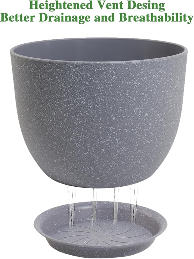 12/10/9 Large Modern Plant Pots, Plastic Planters with Drainage Holes and Saucers for Indoor Outdoor Plants Flowers, Grey Speckles