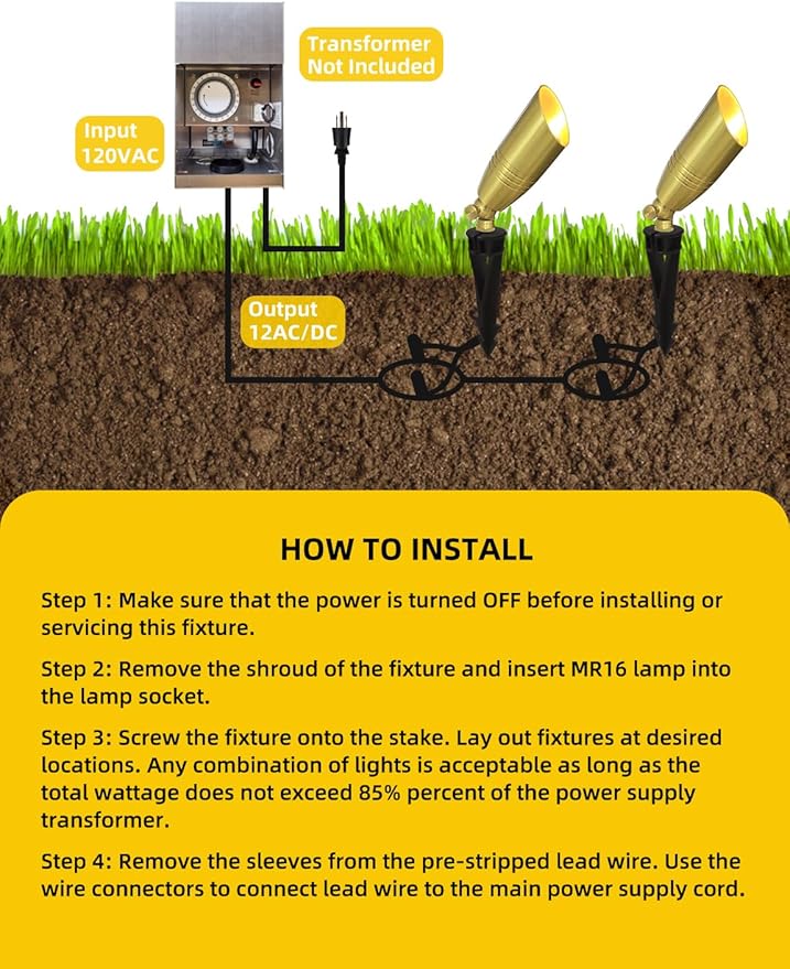 COLOER Die-cast Brass Landscape Spotlight 10-Pack with 5W Aluminum Housing LED MR16 Bulb,12V AC/DC Low Voltage Copper Outdoor Lighting, Directional Garden Patio Spot Up Light (102B Brass Finish)