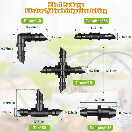 1/4 Inch Drip Irrigation Fittings Kit：200 Pieces Drip Irrigation Parts with Sharp End for 1/4" Drip Tubing Barbed Connectors for Home Garden 85 Couplings 60 Tees 20 Elbows 25 Plugs 10 Crosses
