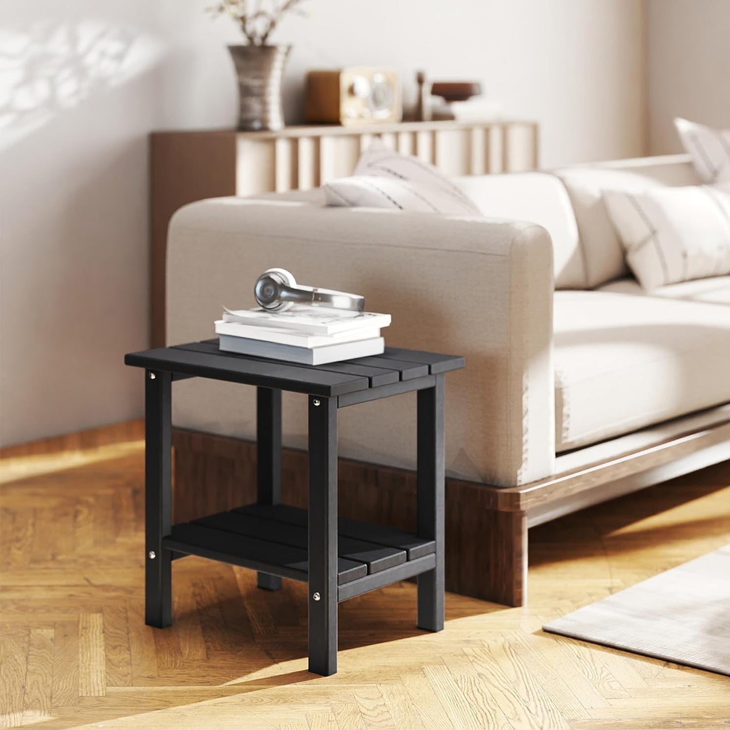 Weather Resistant Outdoor Side Tables Set of 2, Adirondack HDPE Small Outdoor Table, 2-Tier Small Patio Tables for Outside or Indoor, Black