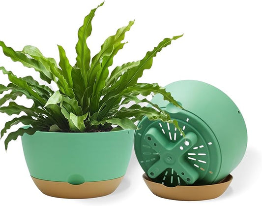 8 Inch Pots for Indoor Plants, Self Watering Planters with Drainage and Saucers, Plastic Outdoor Flower Pot, Set of 2, Green