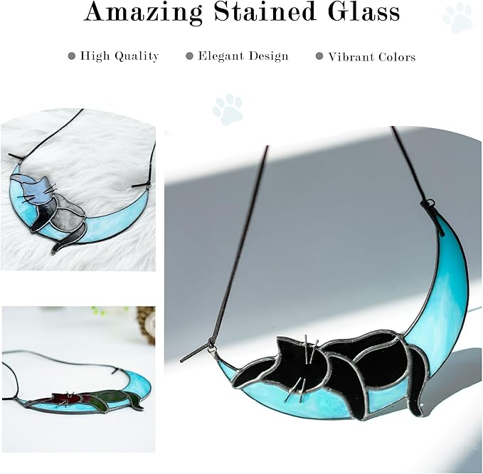 HDCRYSTALGIFTS Black Cat Decor Suncatcher Stained Glass Window Hanging,Handcrafted Kitty Decor Funny for Cat Lovers,Home Decoration for Window Patio Office Living Room Wall