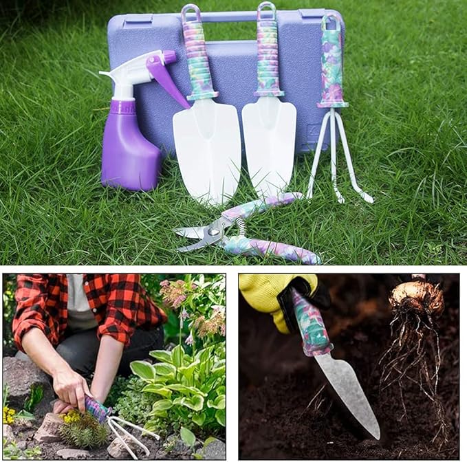 Gardening Tools Set, Unique Gardening Gifts for Women, Gardening Hand Tools with Purple Carrying Case, Gardening Kit for Home Gardening Flowers Potted Trim Loosing Planting Tools (5purple)