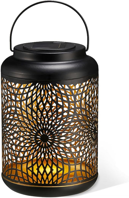 Glitzhome Solar Lantern Black Metal Cutout Scrollwork Outdoor Hanging Solar Light with Handle for Garden Patio Yard Outdoor Decor