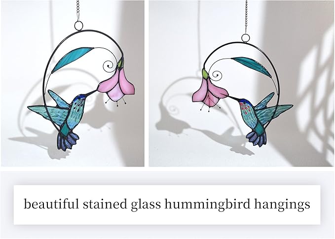 Lolitarcrafts Stained Glass Hummingbird Window Hangings with Flowers, Bird Stained Glass Suncatcher for Window Decor Hummingbird Gifts for Mom,Bird Lovers (Blue with Flower A)
