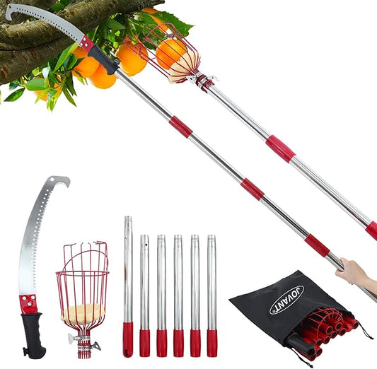 2-in-1 9 FT Pole Saw and Fruit Picker for Tree Trimming and Fruit Harvesting, SK5 Blade and High Carbon Steel Fruit Picker for Cutting High Branches and Fruit Grabber, Stainless Steel Pole
