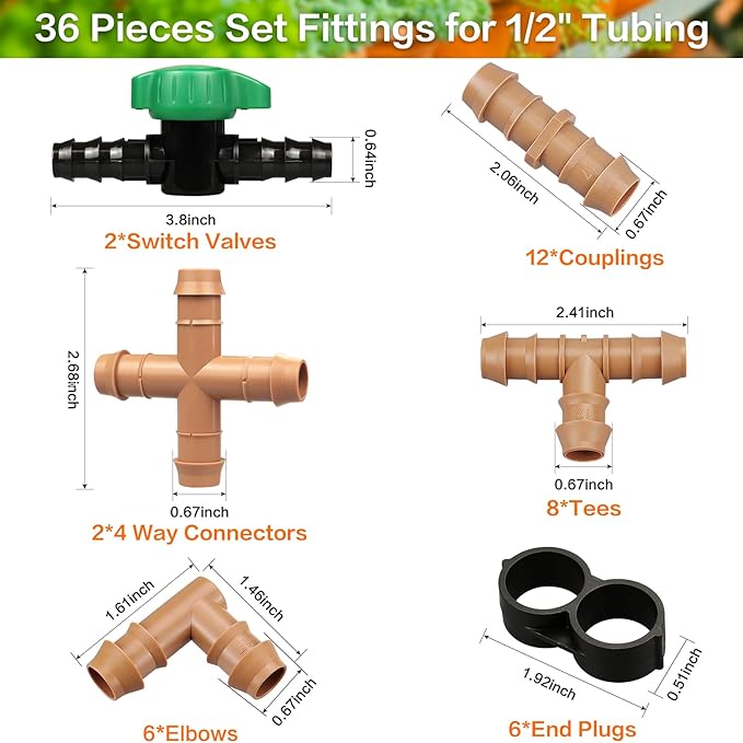 Drip Irrigation Fittings Kit for 1/2" Tubing, 36 Pieces 1/2 Inch Drip Line Connectors for Drip Sprinkler Systems - 12 Couplings, 8 Tees, 6 Elbows, 6 End Caps, 2 Cross connectors and 2 drip valves