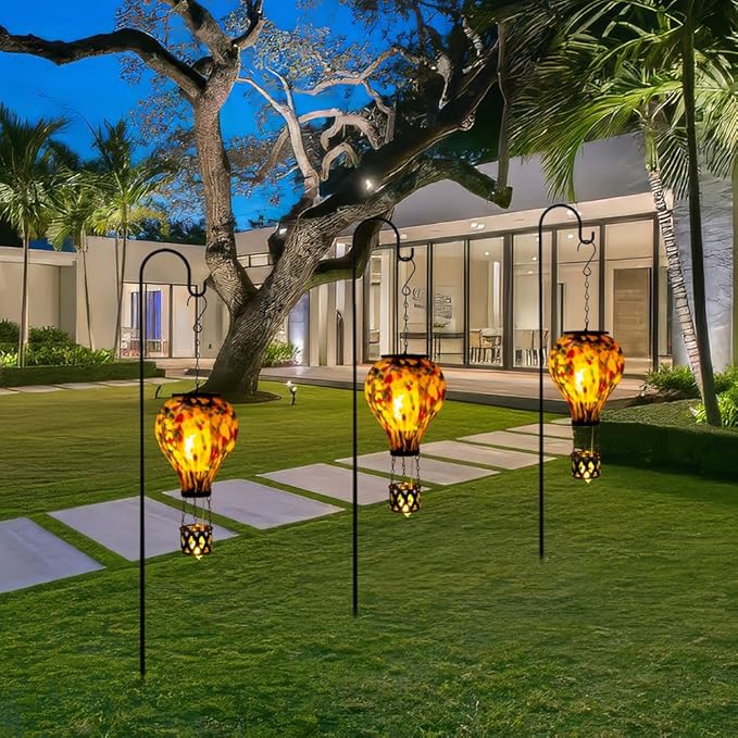 Starsoul Hot Air Balloon Solar Lantern Glass Outdoor Hot Air Balloon Solar Flickering Flame Light Waterproof Hanging Lantern for Garden Yard Patio Decorations