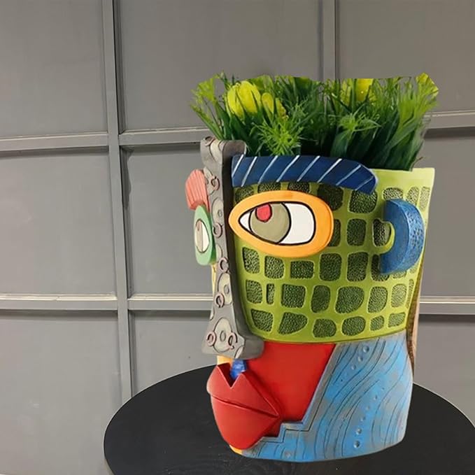 TOZLU Picasso Brutalist Abstract Beauty Flower Pot Ornaments Head Planter Pots Container Colorful Face Art Resin Flower Pot (Modern Big)