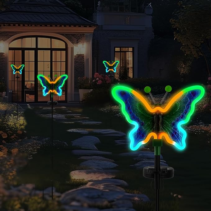 Butterfly Solar Garden Lights, Solar Butterfly Outdoor Lights, Garden Solar Decor for Outside,Solar Neon Lights,Yard Decorations Outdoor (Green,2pack)