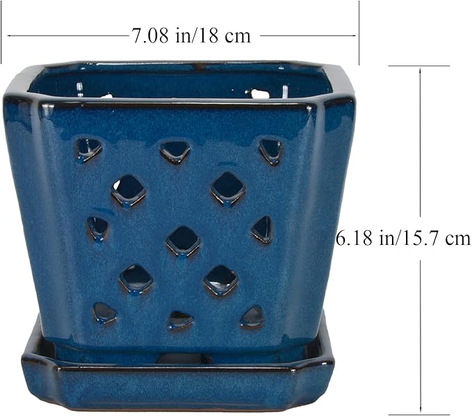 W&W Ceramic Orchid Pot with Holes and Saucer for Repotting, Blue, 7 Inches