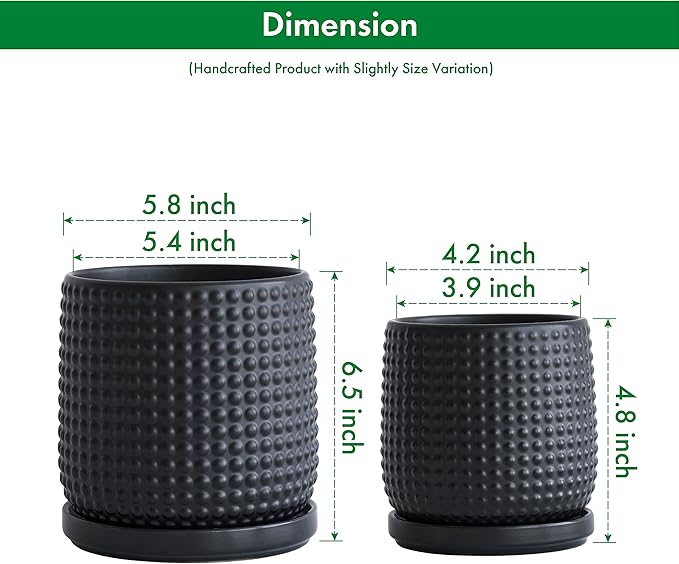 D'vine Dev 6 Inch 4 Inch Ceramic Indoor Planter Pots with Drainage Hole and Saucer, Beaded Design Flower Pots, Set of 2, Matte Black, 27-D-U-6