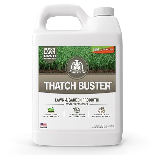 Turf Titan Thatch Buster All-Natural Lawn Aerator & Grass Dethatcher - Liquid Soil Loosener & Conditioner for Green Grass (1 Gallon), Healthy Soil in 45 Days - Enhance 1,000 Sq Ft with 4 oz