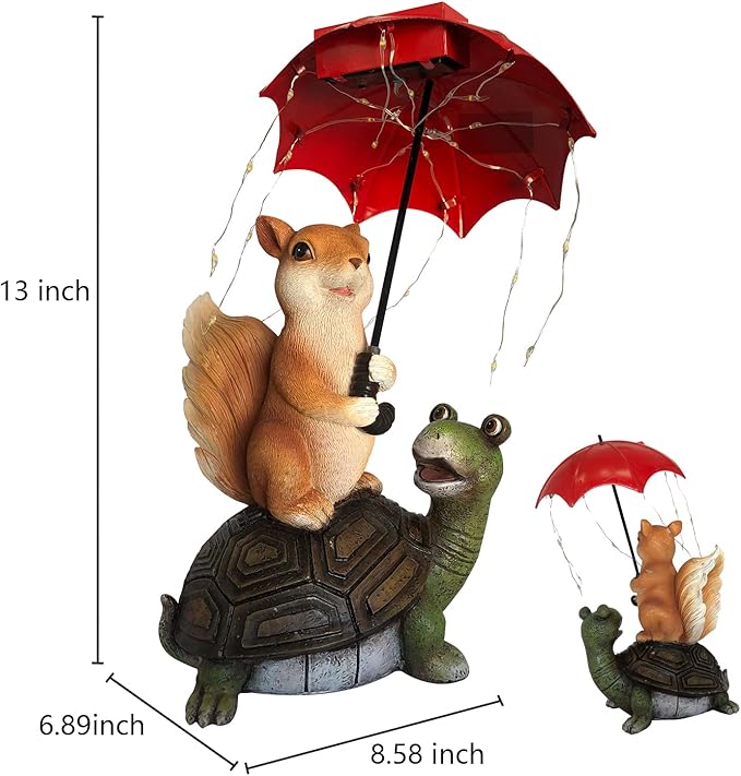 Solar Garden Statue Outdoor Decor - Squirrel Standing on Turtle Holding Umbrella with String Lights Outdoor Waterproof Statues for Patio Lawn Yard Decoration Garden Ornaments Housewarming Gifts