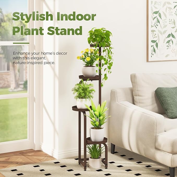 Bamworld Corner Plant Stand Indoor Outdoor, Tall Metal Flower Pot Stands for Multiple Plants, 4 Tier Brown Heavy Duty Plant Shelf for Patio Garden Balcony Living Room Bedroom(Patent Design)