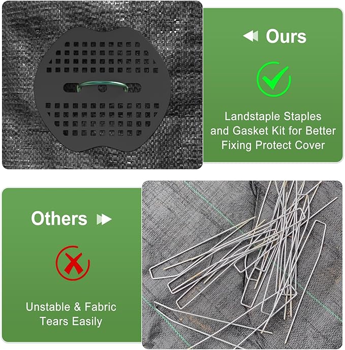 FOTMISHU Landscape Staples 5.7 Inch 40Pcs Garden Stakes with 40pcs Gasket, Lawn Pins with Spray Coating Craft, 11Gauge Anti-Rust Ground Yard Spikes Anchoring for Outdoor Tents Irrigation Hoses (Green)