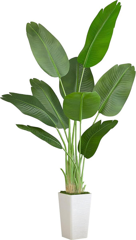 Lifelike Bird of Paradise Silk Artificial Plant Faux Banana Leaf Tree for Home Decor - Perfect Indoor Floor Plant with 9 Trunks (1, White Tall Planter, 5 FT)