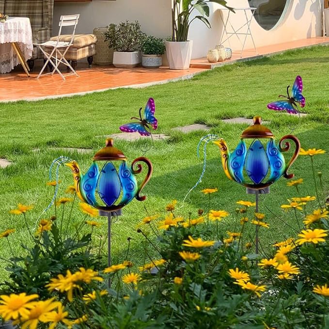 Solar Pathway Lights Outdoor, 2 Pack Metal Garden Lights, Decorative Lanscape Lighting Waterproof Solar Garden Decor Gifts for Mom, Women - Blue