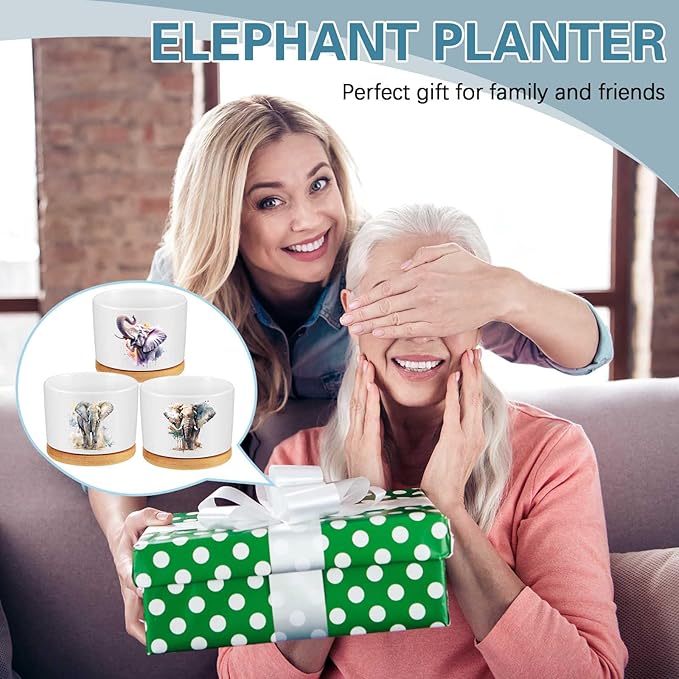 3 Pcs Elephant Decor Gift for Christmas Women Planter Ceramic Gift Animal Plant Pot with Bamboo Tray for Office Home Farm House Bathroom Kitchen Decorations (No Plants Included)